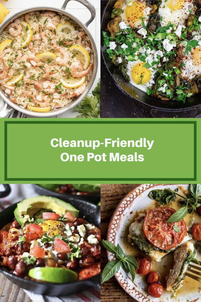 Header Image with text: Cleanup-Friendly One Pot Meals with images of various one-pot dishes