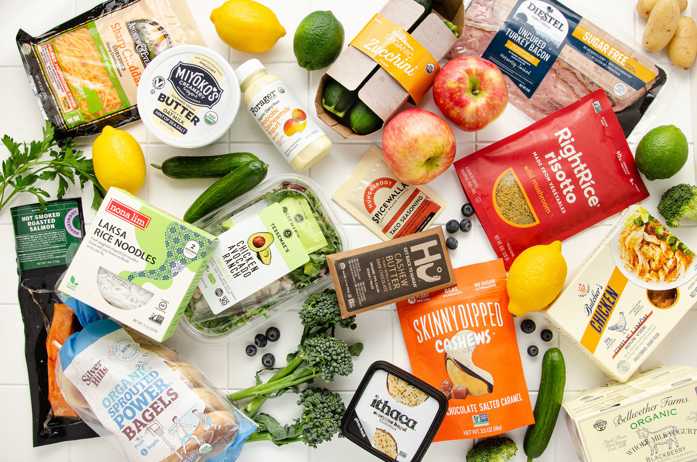 overhead shot of various groceries on a table