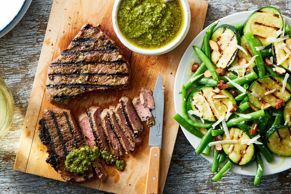 Grilled Steak with Pesto&amp;amp; Marinated Zucchini-Green Bean Salad