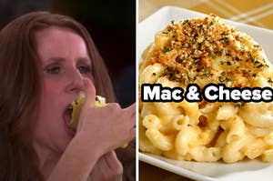 A woman is eating a taco on the left with mac n cheese labeled on the right