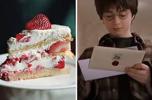 A strawberry shortcake is on the left with Harry holding a letter on the right