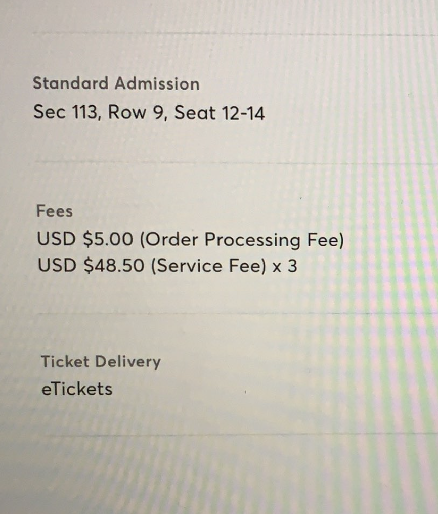 A digital ticket that shows a $5 order processing fee and a $48.50 service fee time 3