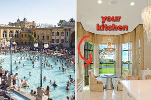 A Budapest spa is on the left with a kitchen on the right labeled, "your kitchen"