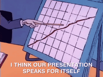 Gif of Charlotte Pickles pointing at a line graph saying, &quot;I think our presentation speaks for itself&quot;