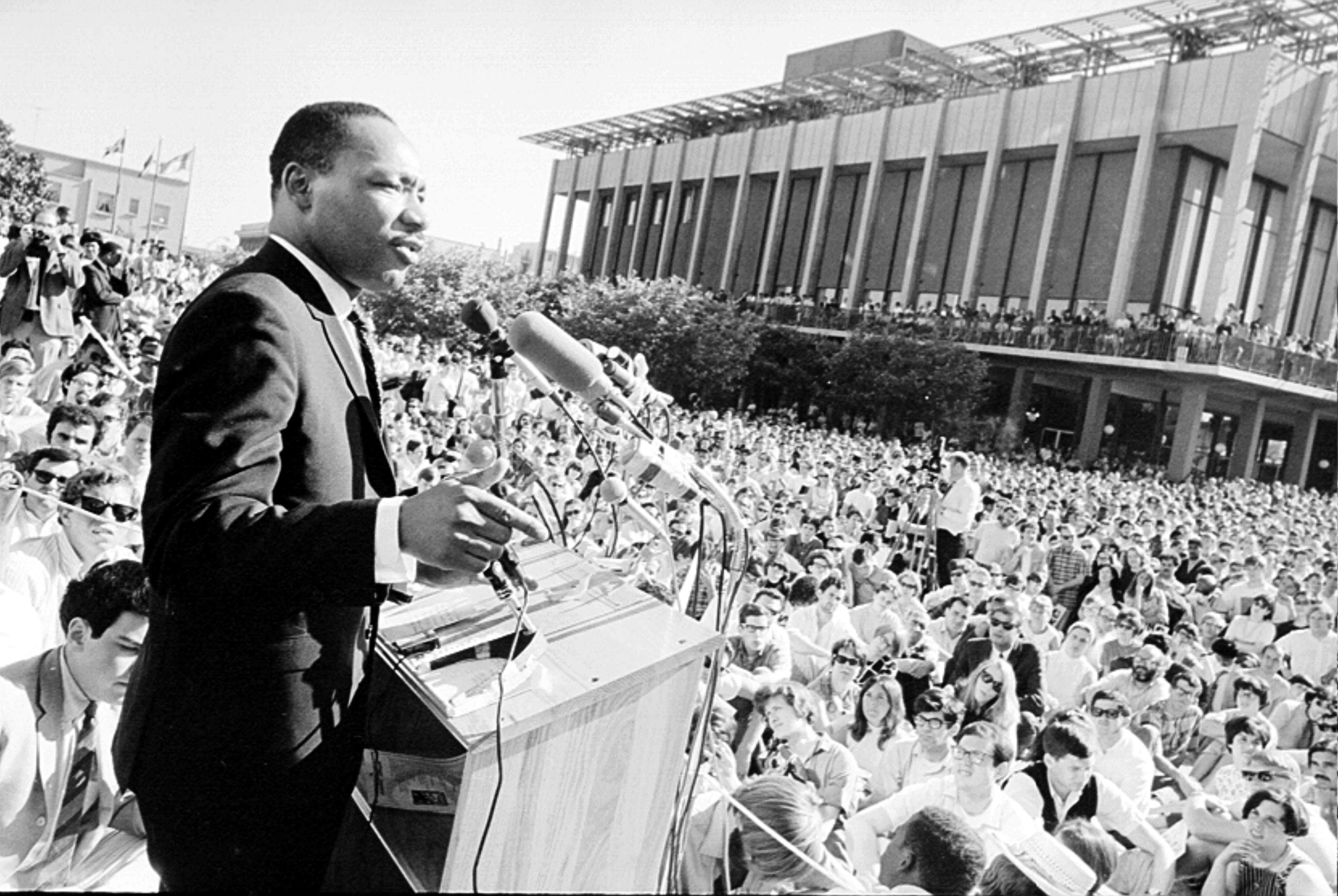 Martin Luther King, Jr. speaks to a crowd of about 7,000 people on May 17, 1967 at UC Berkeley&#x27;s Sproul Plaza