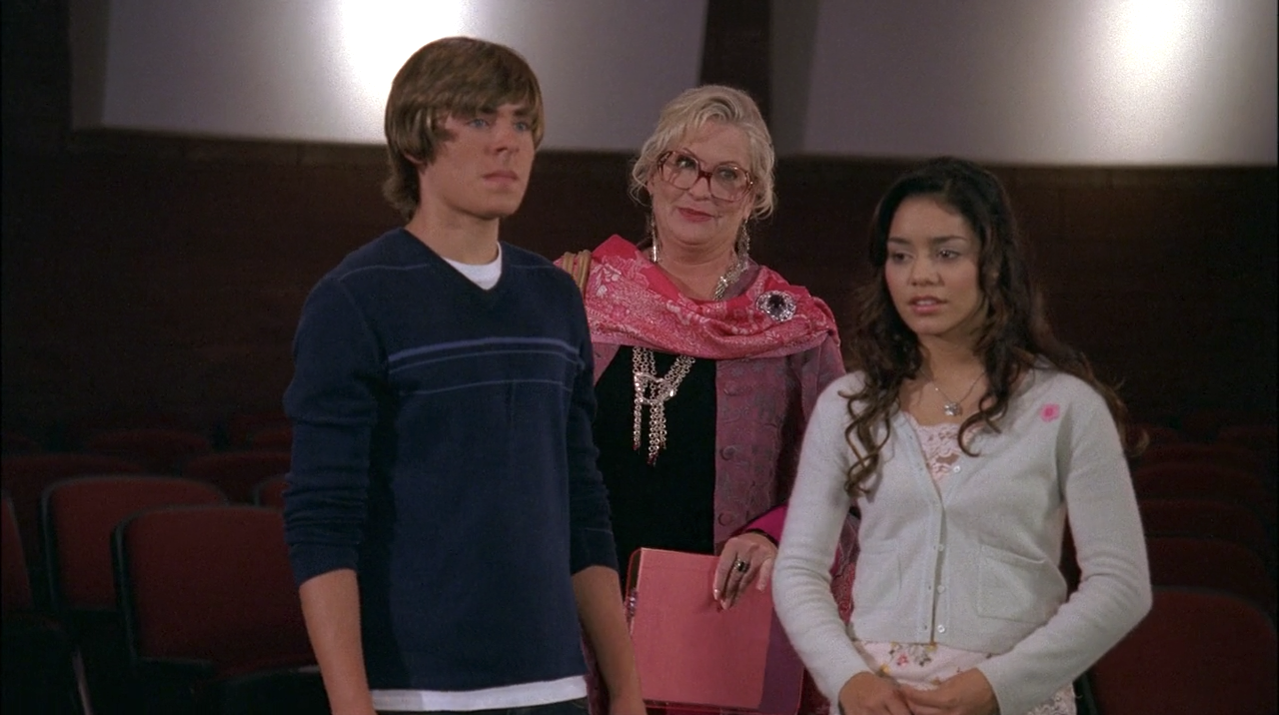 Zac Efron as Troy, Alyson Reed as Ms. Darbus, and Vanessa Hudgens as Gabriella in &quot;High School Musical&quot;