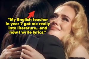 Adele, left, hugs her former English teacher — a surprise reunion during her concert