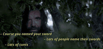 Rory McCann as the Hound and Maisie Williams as Arya Stark talking, Arya saying &quot;lots of people name their swords&quot;, the Hound replying &quot;lots of cunts&quot;