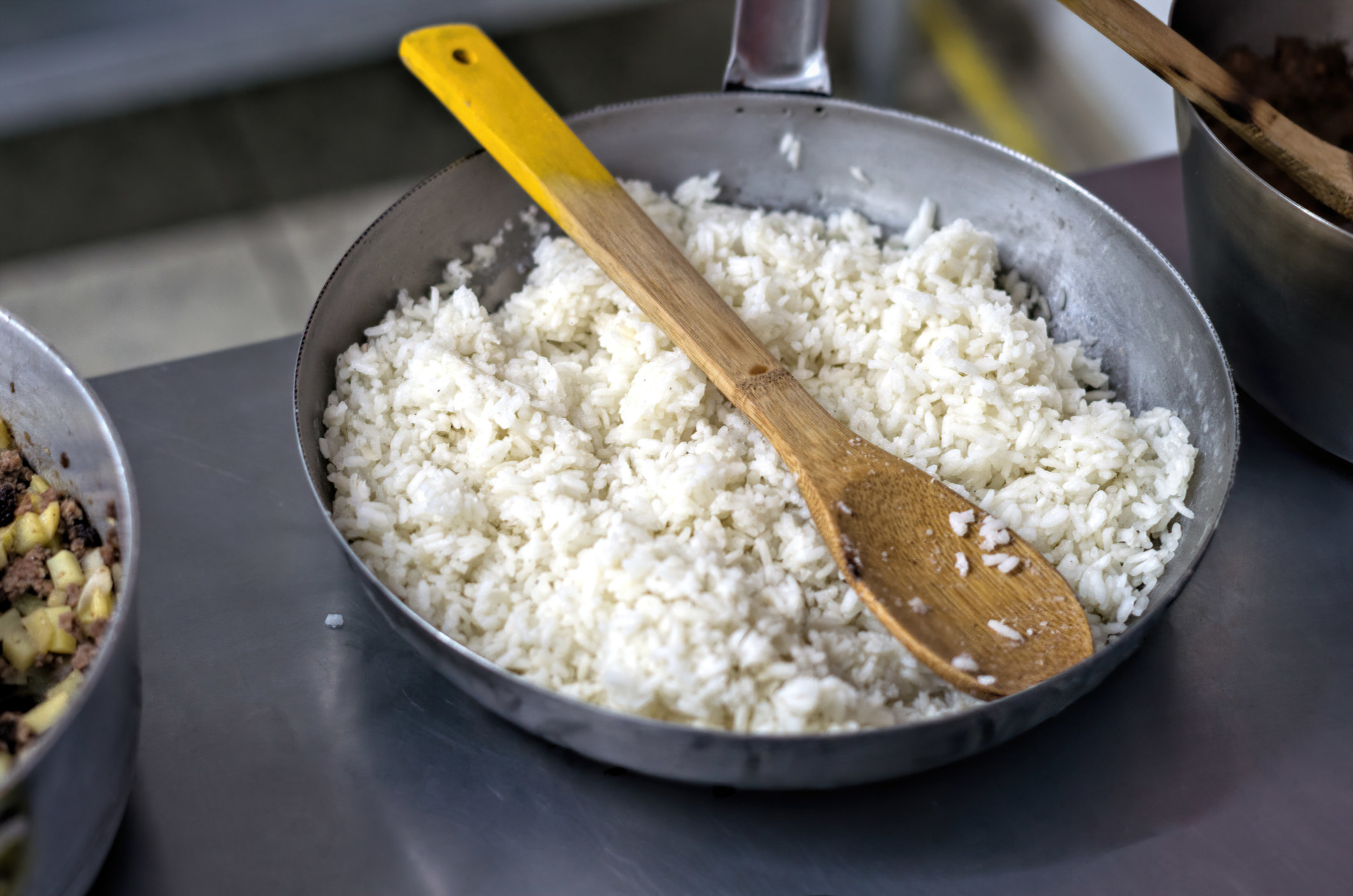 A skillet of white rice.