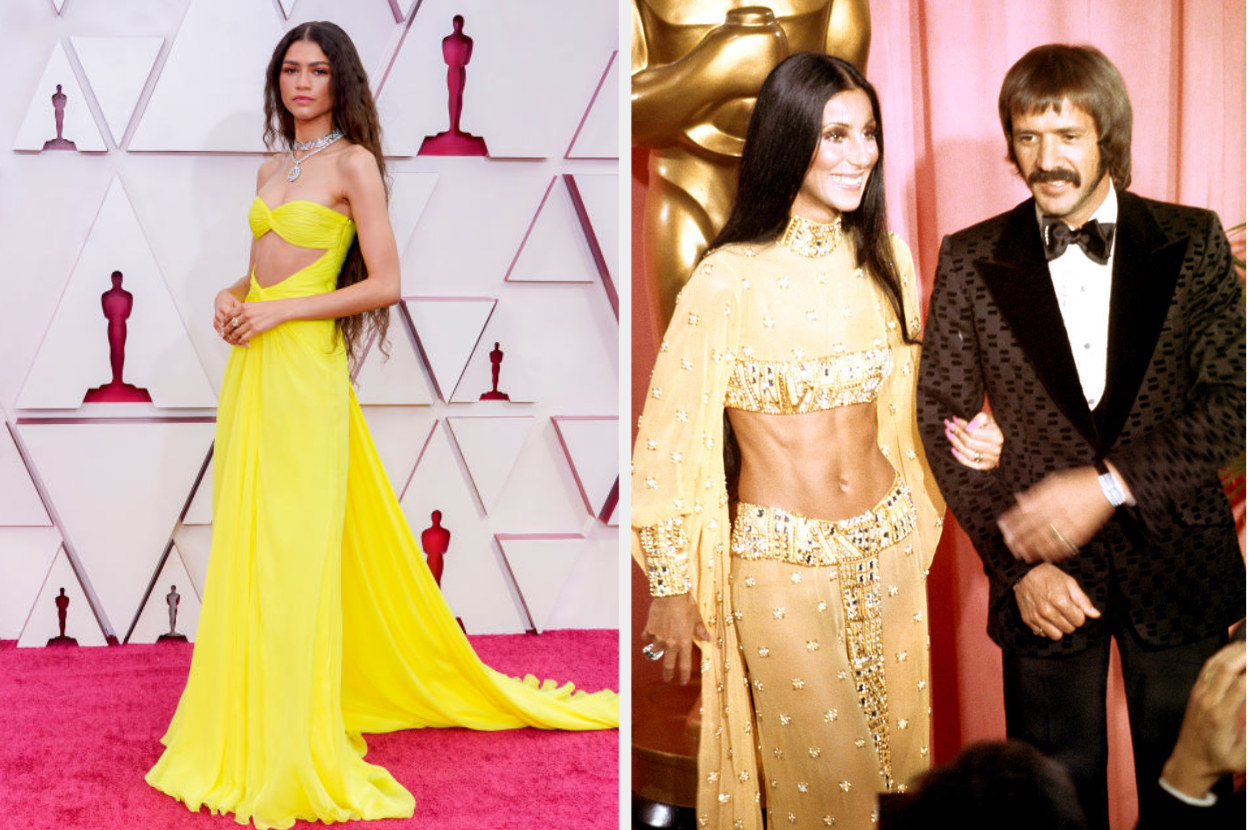 Zendaya wears a flowing dress with a large cutout over her midriff, evoking the shiny crop top and flowy pants Cher wore