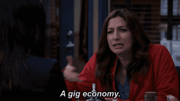 Woman saying &quot;a gig economy&quot;