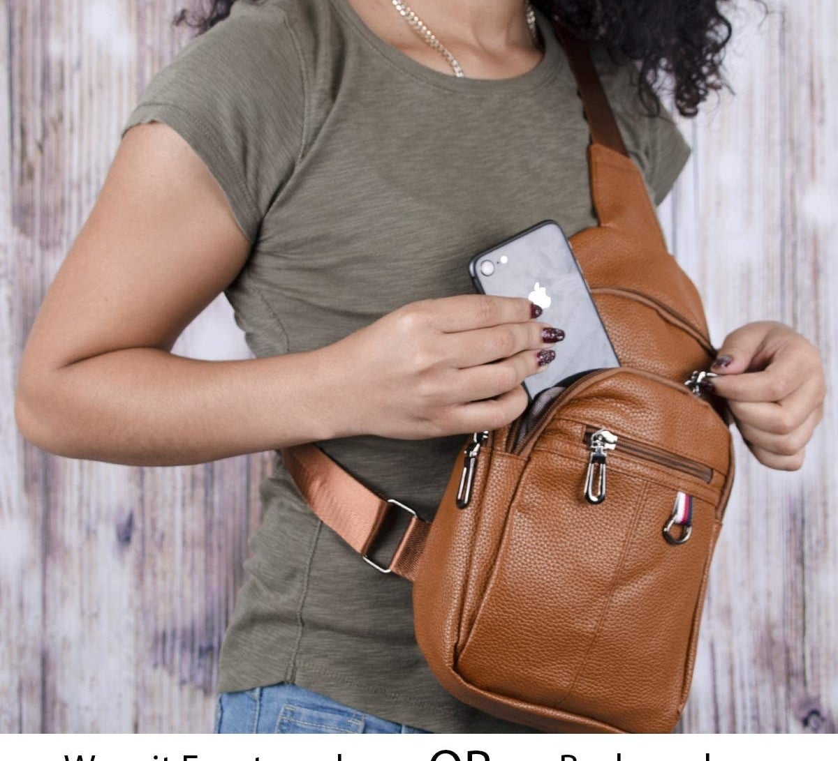 model wearing the brown crossbody sling bag