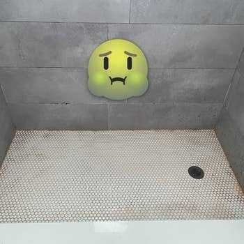 a reviewer photo of a shower floor with mold and mildew in the tile cracks with a puke emoji