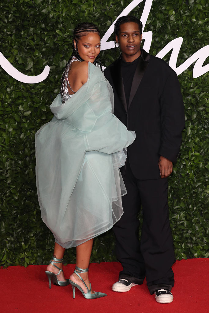 Rihanna is in a flowy tulle gown, and Rocky is in a baggy monochrone suit