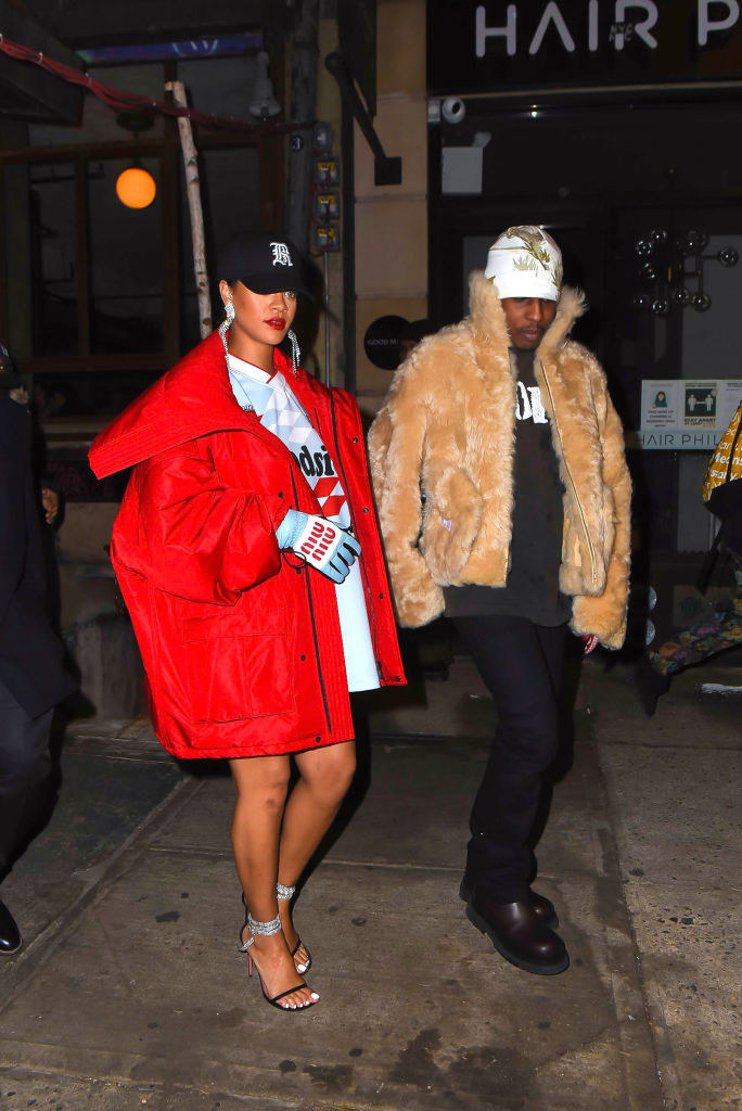 Rock has a fuzzy teddy jacket, and Rihanna has a bold puffer coat