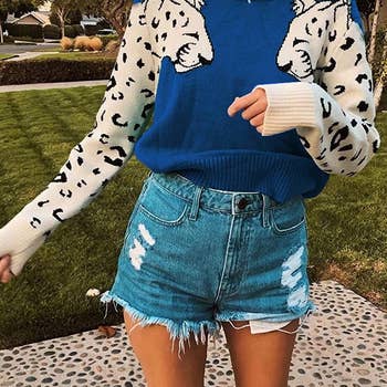 model wearing the blue leopard-sleeved sweater