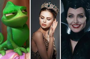 A close up of Pascal the lizard, a young woman wears a jewel crown, and a close up of Maleficent as she smiles
