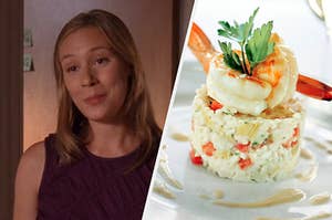 A close up of Paris Geller as she smiles and a plate of shrimp topped risotto 