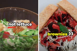 on the left, what looks like lettuce but is actually dyed coconut flakes. on the right, what looks like spaghetti but is actually rolled pastry topped with brownie balls to mock meatballs