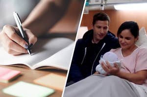 A hand uses a pen to write in a notebook and Jake Peralta sits in a hospital bed with his wife and newborn son