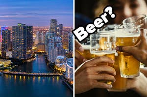 A view of Miami is on the left with people drinking beer on the right