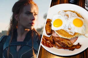 A close up of Natasha Romanoff with her head turned to the side and an overhead shot of a plate of back and eggs