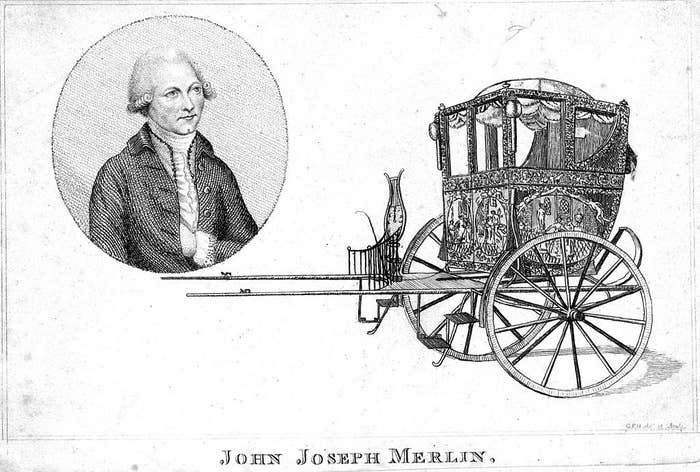 An old illustration of John Joseph Merlin with one of his inventions, a single horse-drawn carriage