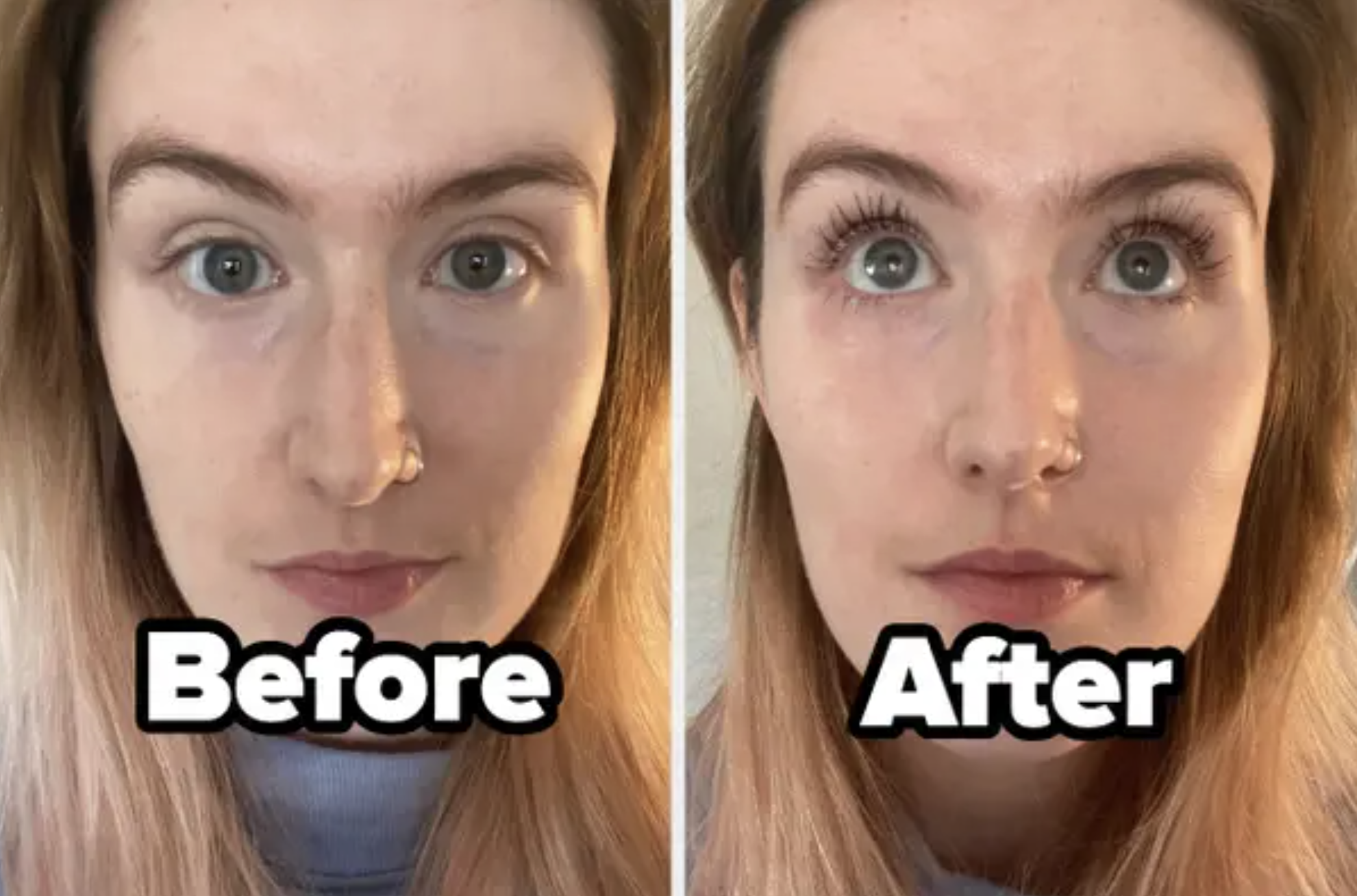 A before and after showing the mascara makes a BuzzFeed writer&#x27;s eyelashes look much longer