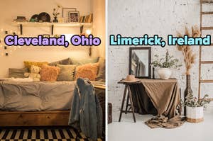 On the left, a bedroom with a bed covered in fuzzy pillows with a shelf and fairy lights above it labeled Cleveland, Ohio, and on the right, an artsy table setup with potted plants around it labeled Limerick, Ireland