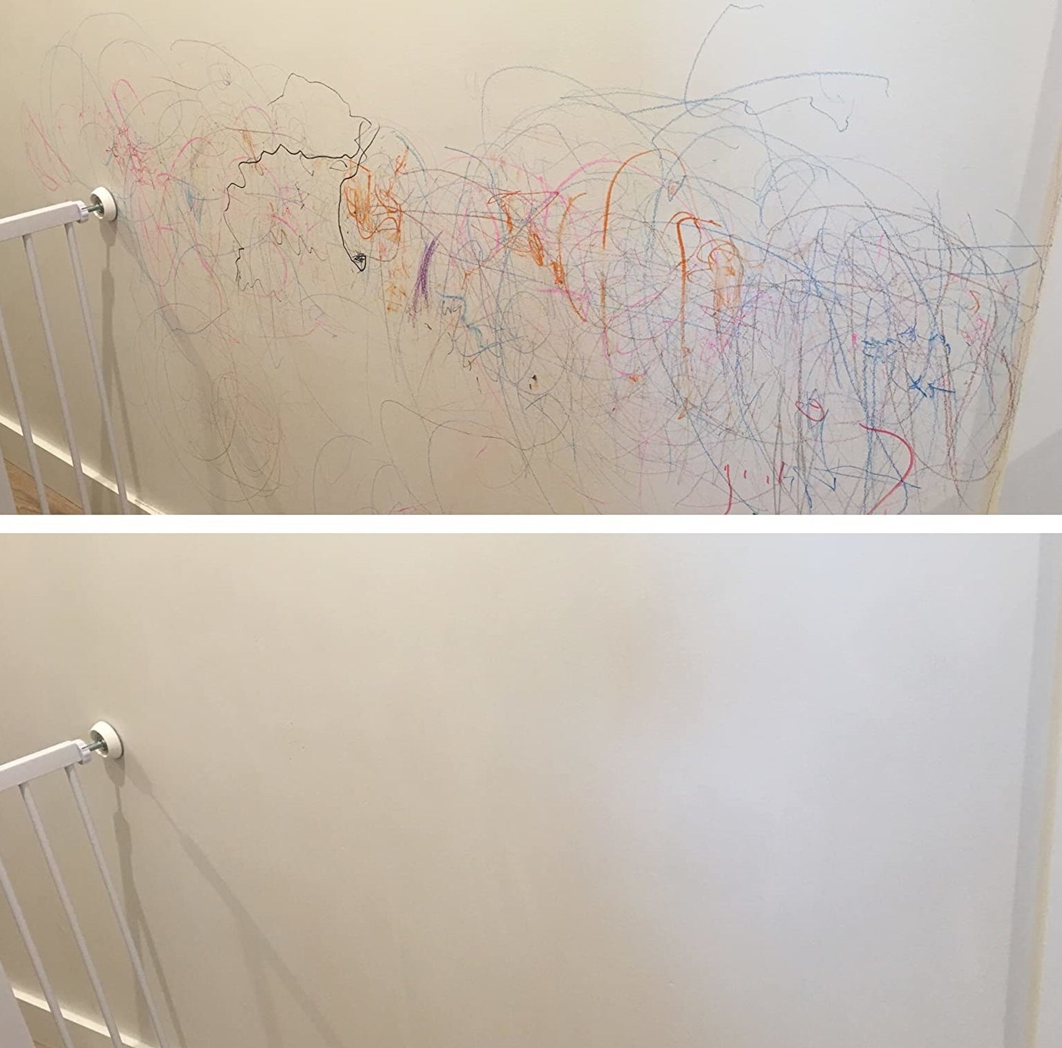 Reviewer&#x27;s photo of a wall before and after using the Magic Eraser