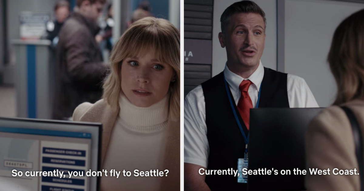Anna is on the left saying &quot;So currently, you don&#x27;t fly to Seattle?&quot; With an airline agent saying, &quot;Currently Seattle&#x27;s on the West Coast.&quot;