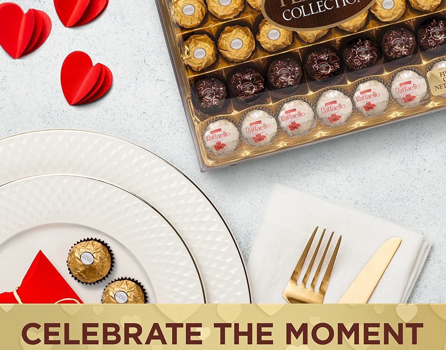 The 48-piece Ferrero Rocher Collection variety pack next to some plates