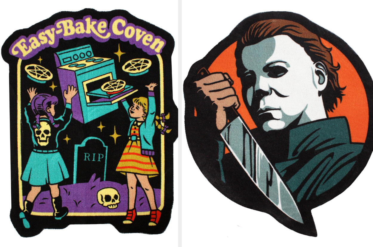Small rug that reads &quot;easy-bake coven&quot; with two girls in graveyard with oven, Mike Myer&#x27;s-inspired rug with knife in hand
