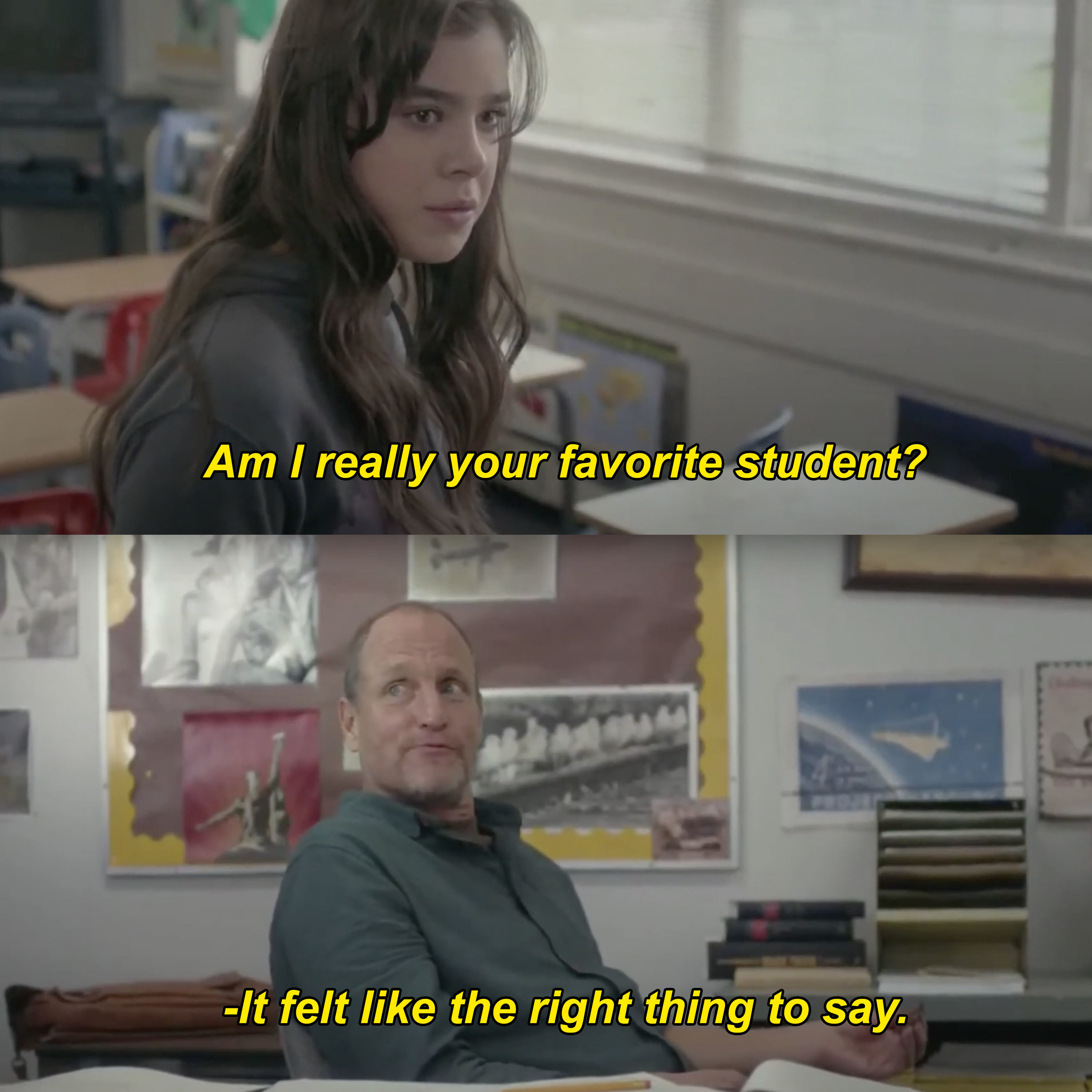 Hailee Steinfield as Nadine and Woody Harrelson as her teacher Mr. Bruner have a bonding moment during their lunch period