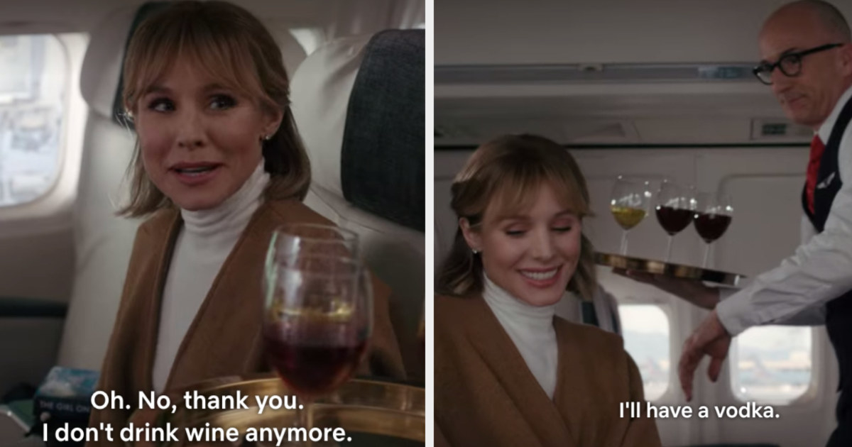 Anna is on an airplane being offered a drink and labeled, &quot;Oh. No, thank you. I don&#x27;t drink wine anymore. I&#x27;ll have a vodka.&quot;