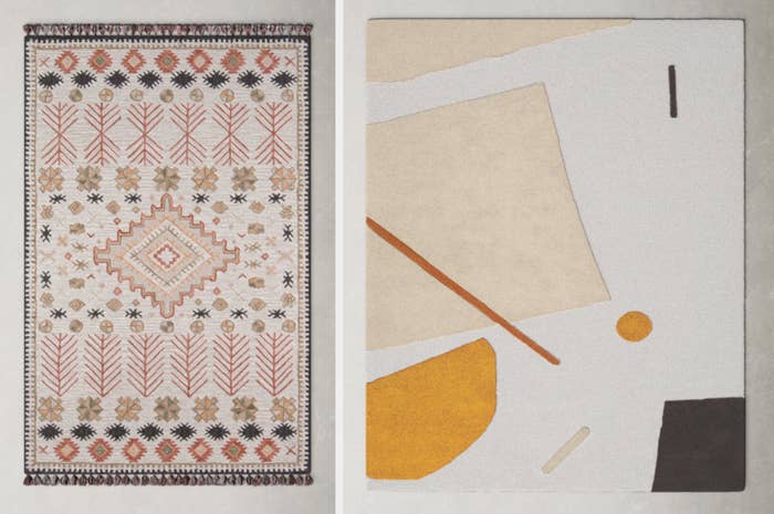 Pink, orange, and navy vintage-inspired rug with tassels next to a yellow, cream, and navy abstract rug