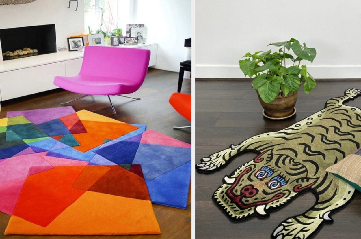 Multi-colored square rug in front of hot pink chair next to tiger-shaped rug in front of a plant