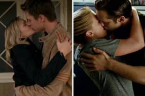 side by side stills of Logan and Veronica kissing on Veronica Mars and Sookie and Eric kissing on True Blood