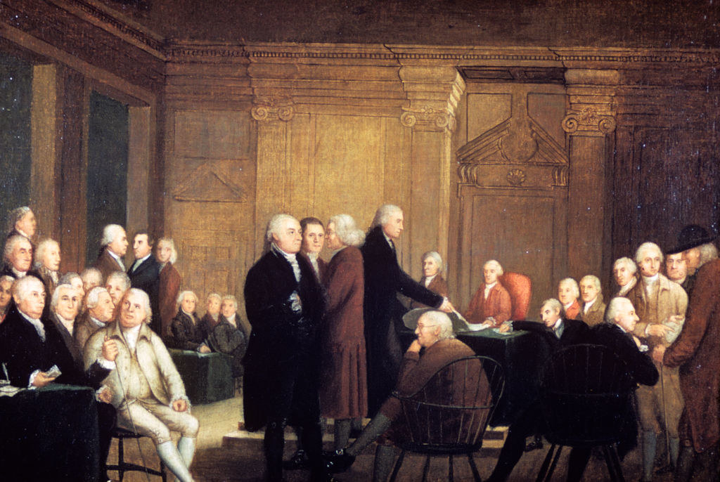 A painting of the first continental congress in session