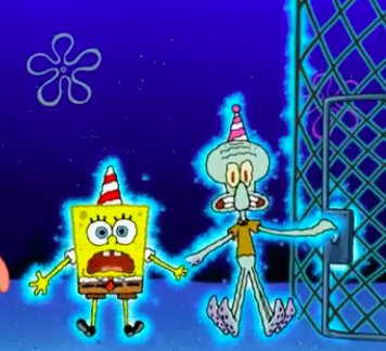Spongebob and Squidward touch an electric fence