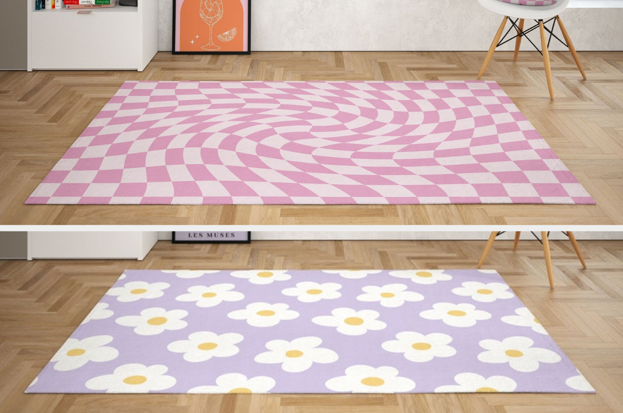 Pink checkered retro rug above a purple, white, and yellow daisy rug