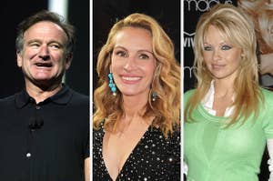 Robin Williams, Julia Roberts, and Pamela Anderson smiling 