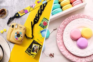 An instant camera with film beside it, A plate with three macaron-shaped containers on it