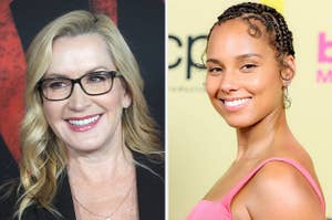 split image of angela kinsey on the left and alicia keys on the right