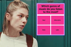 Hunter Schafer as Jules on Euphoria next to a screenshot of the question which genre of music do you listen to the most
