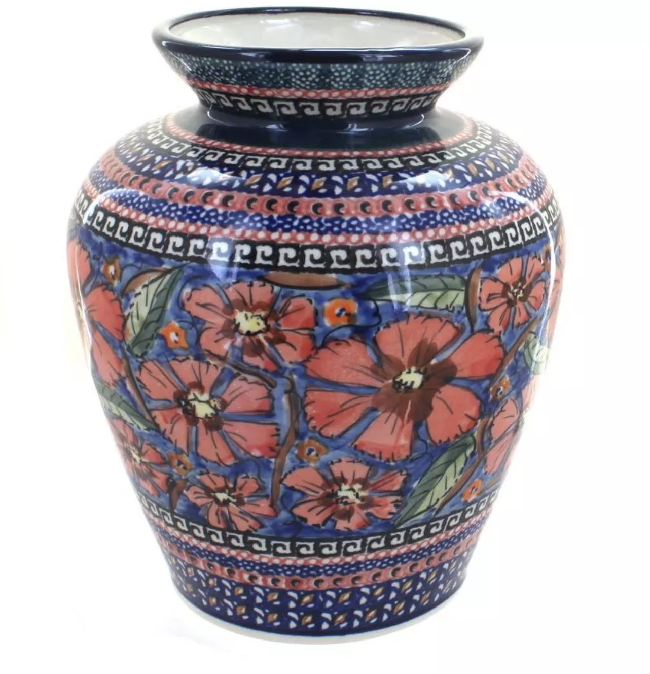 The rounded vase has red flowers and multicolored patterns