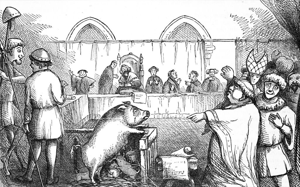 An illustration of a pig and her piglets on trial in 1457
