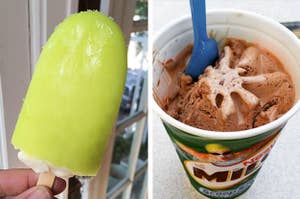 Left: A hand holding a Splice ice cream; Right: A top down shot of a Milo Scoop Shake with a blue spoon in it
