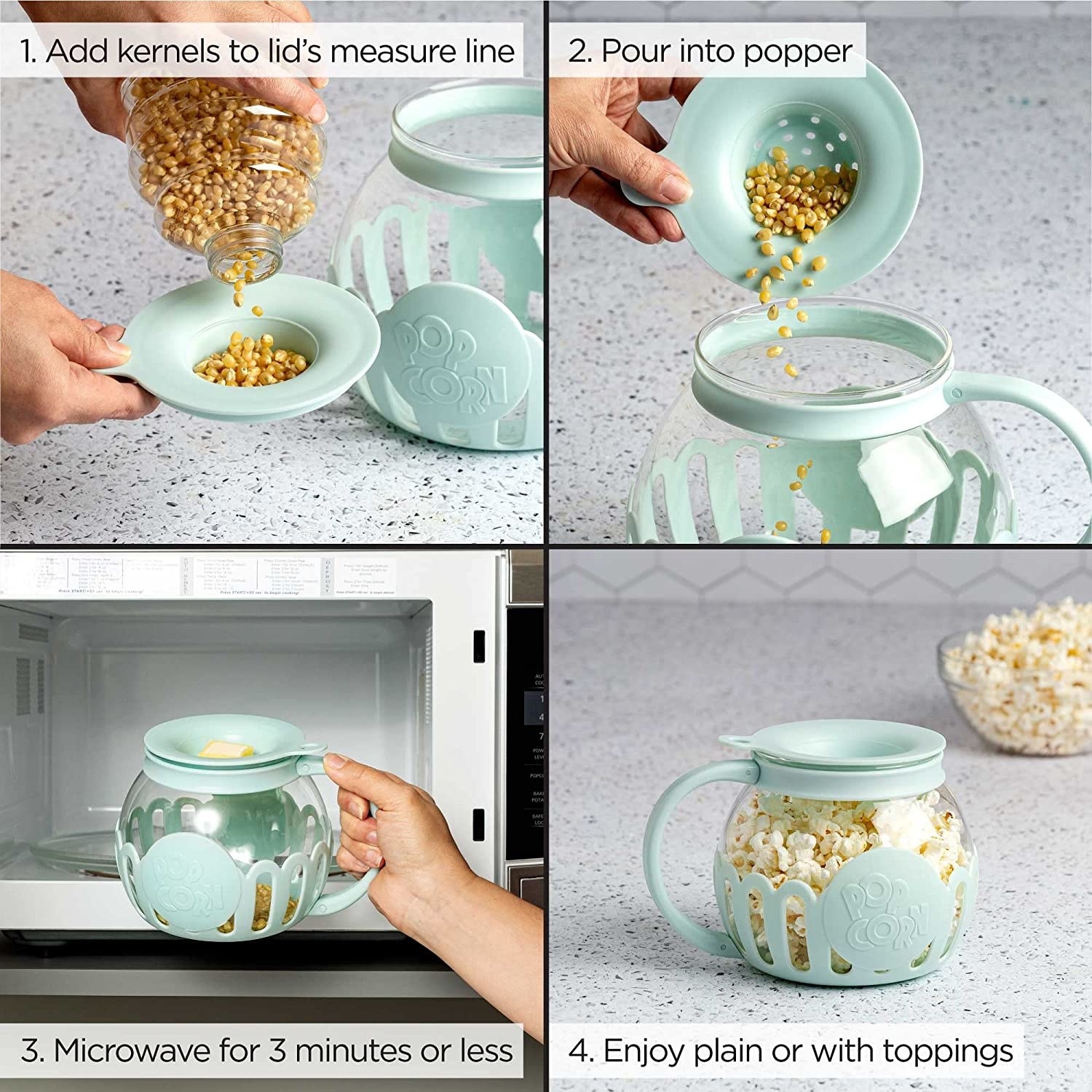 the four steps to using the microwave popcorn popper