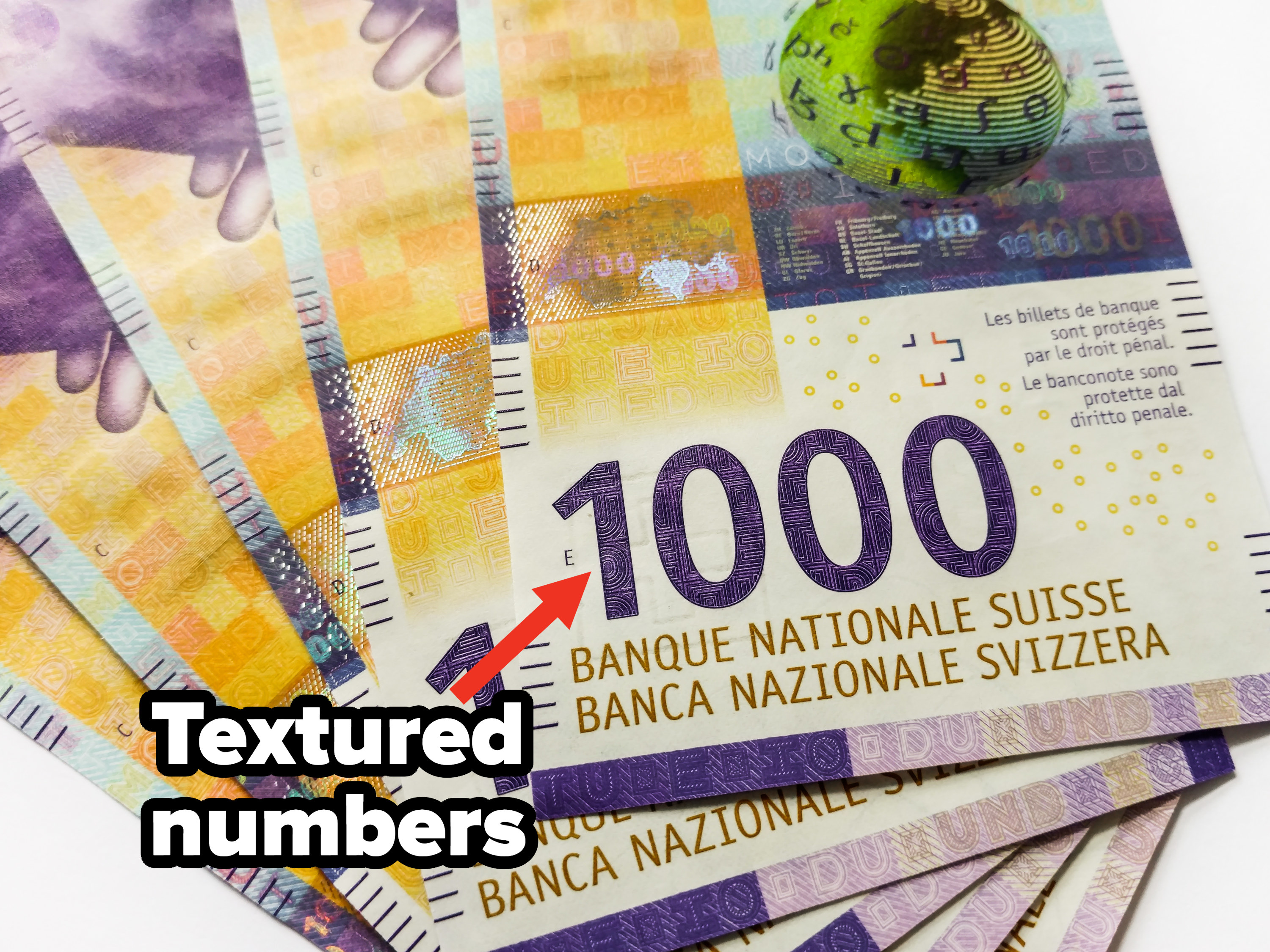 Swiss money with textured numbers